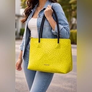Montana West Bright Yellowish Green Ostrich-Texture Tote with Black Handles